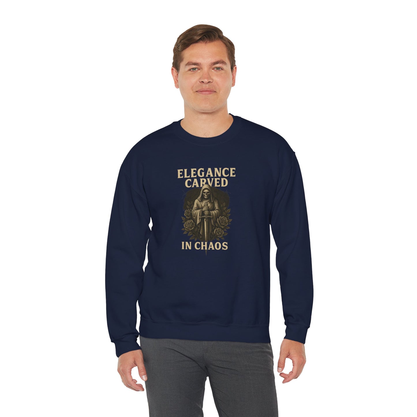 ELEGANCE CARVED IN CHAOS Unisex Crewneck Sweatshirt – Heavy Blend Pullover for Casual Wear | Cozy Streetwear Gift for Her, Feminist Fashion Statement