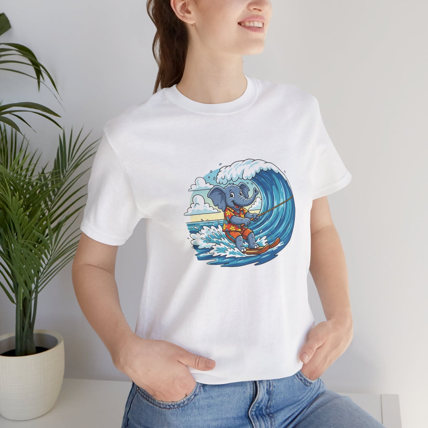 Surfing Elephant Unisex Tee, Beachwear, Cute Animal Shirt, Summer Vibe Tee, Gift for Nature Lovers, Casual Everyday Wear