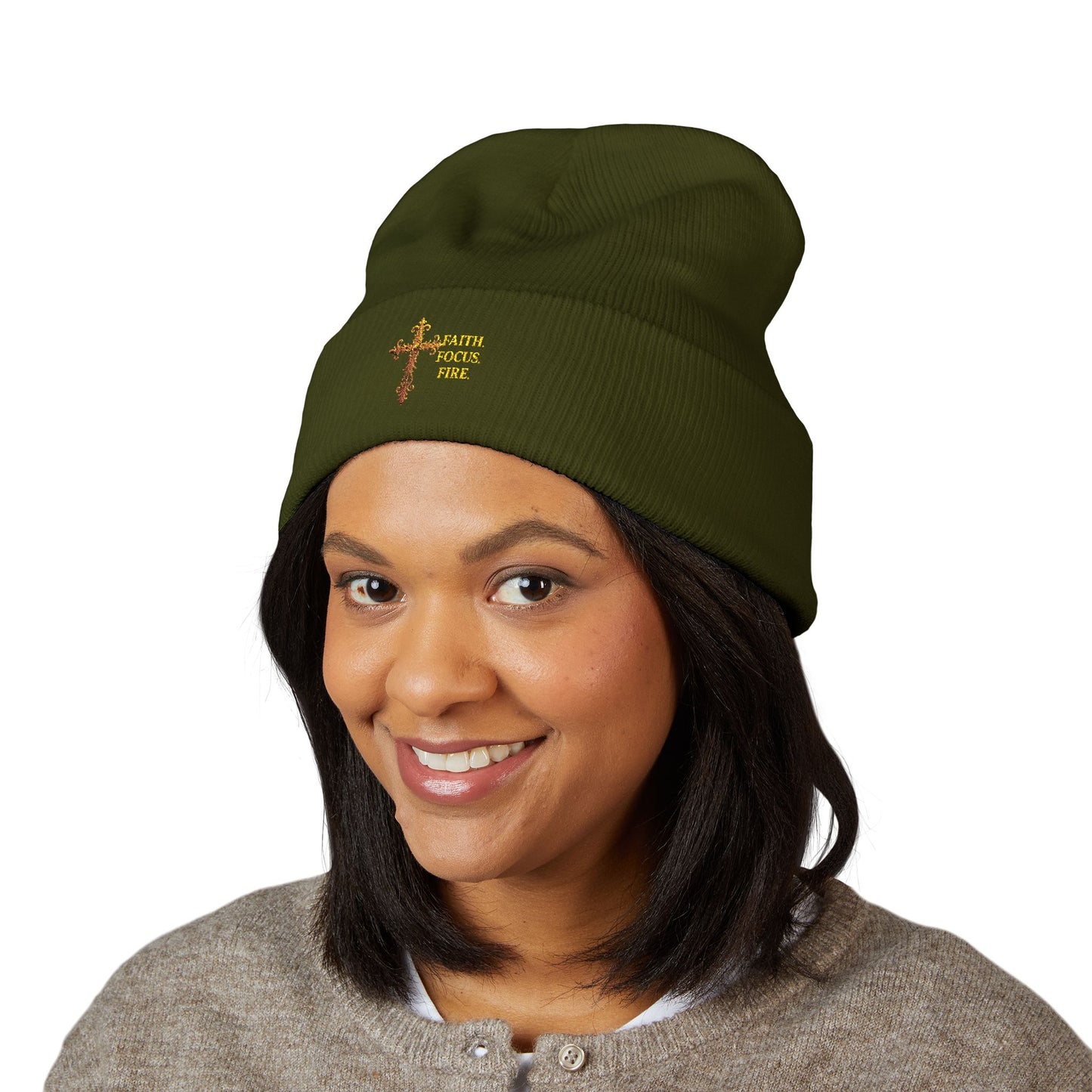 Classic Cuffed Beanie with Embroidered Cross Design - Cozy Gift for Winter, Religious Wear, Fashion Accessory, Holiday Beanie