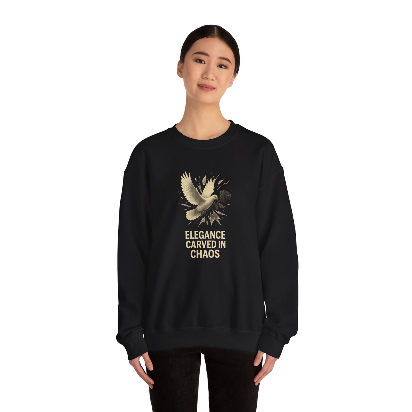 ELEGANCE CARVED IN CHAOS Unisex Crewneck Sweatshirt – Heavy Blend Pullover for Casual Wear | Cozy Streetwear Gift for Her, Feminist Fashion Statement