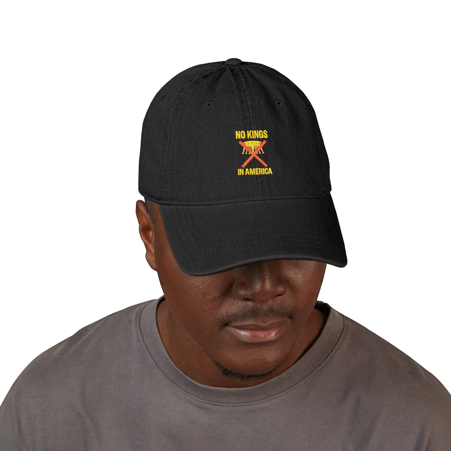 NO KINGS IN AMERICA Embroidered Denim Hat – Bold Statement Cap for Casual Style, Trendy Unisex Headwear, Fashion Accessory & Outdoor Gift Idea