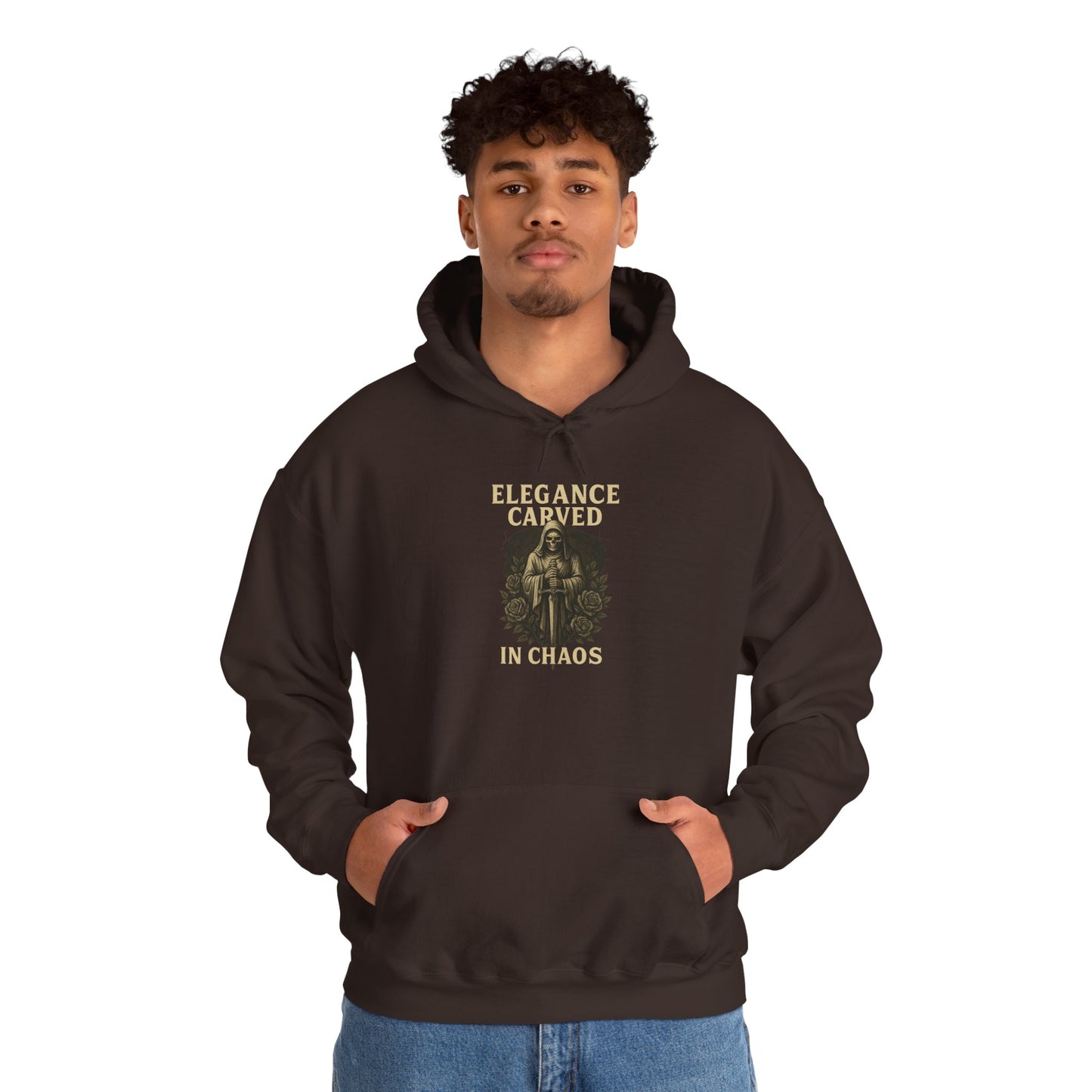 ELEGEANCE CARVED IN CHAOS Graphic Hoodie – Unisex Pullover Sweatshirt for Nature Lovers | Cozy Streetwear for Spring, Casual Wear & Eco-Friendly Gifts