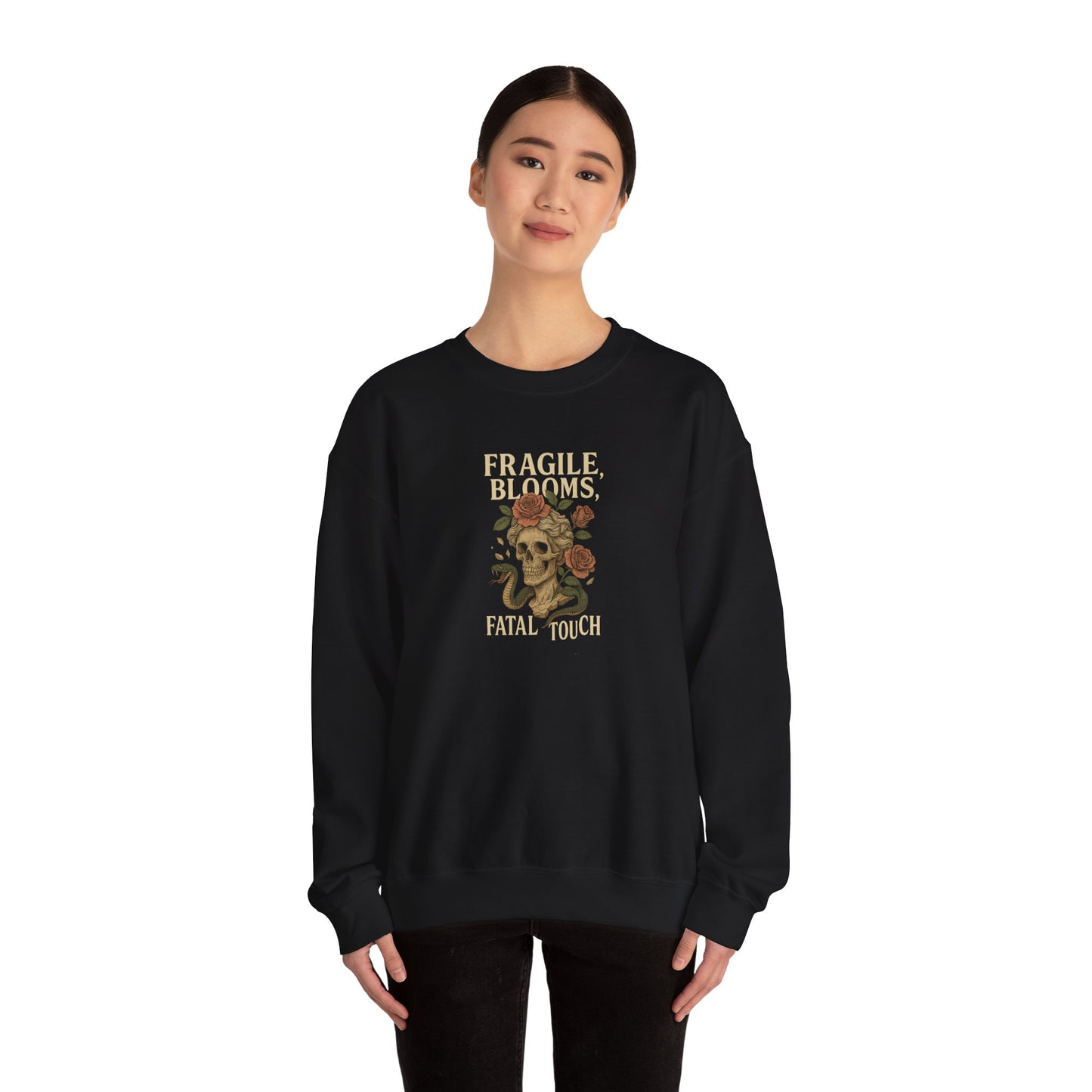 FRAGILE BLOOMS FATAL TOUCH Unisex Crewneck Sweatshirt – Heavy Blend Pullover for Casual Wear | Cozy Streetwear Gift for Her, Feminist Fashion Statement