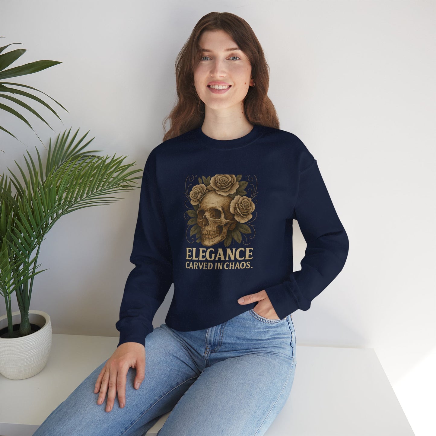 ELEGANCE CARVED IN CHAOS Unisex Crewneck Sweatshirt – Heavy Blend Pullover for Casual Wear | Cozy Streetwear Gift for Her, Feminist Fashion Statement