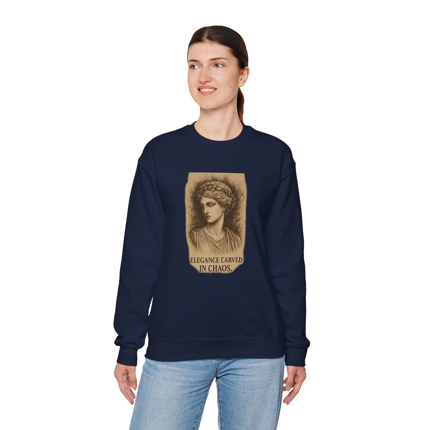ELEGANCE CARVED IN CHAOS Unisex Crewneck Sweatshirt – Heavy Blend Pullover for Casual Wear | Cozy Streetwear Gift for Her, Feminist Fashion Statement