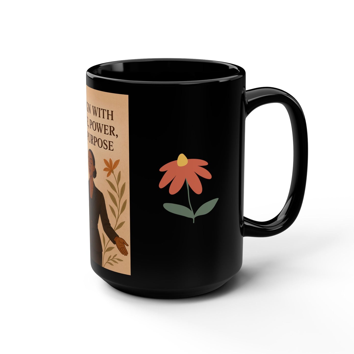 Empowering Black Mug, 15oz | I Align with Peace, Power, Purpose | Inspirational Gift, Motivational Coffee Cup, Woman's Day