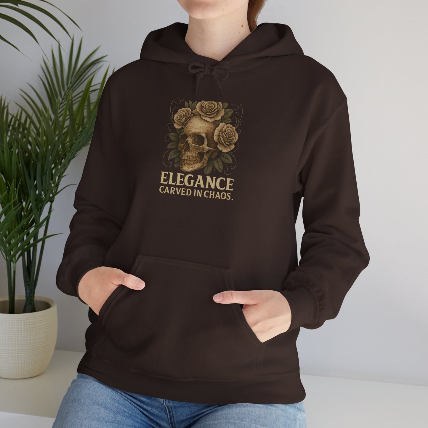 ELEGEANCE CARVED IN CHAOS Graphic Hoodie – Unisex Pullover Sweatshirt for Nature Lovers | Cozy Streetwear for Spring, Casual Wear & Eco-Friendly Gifts