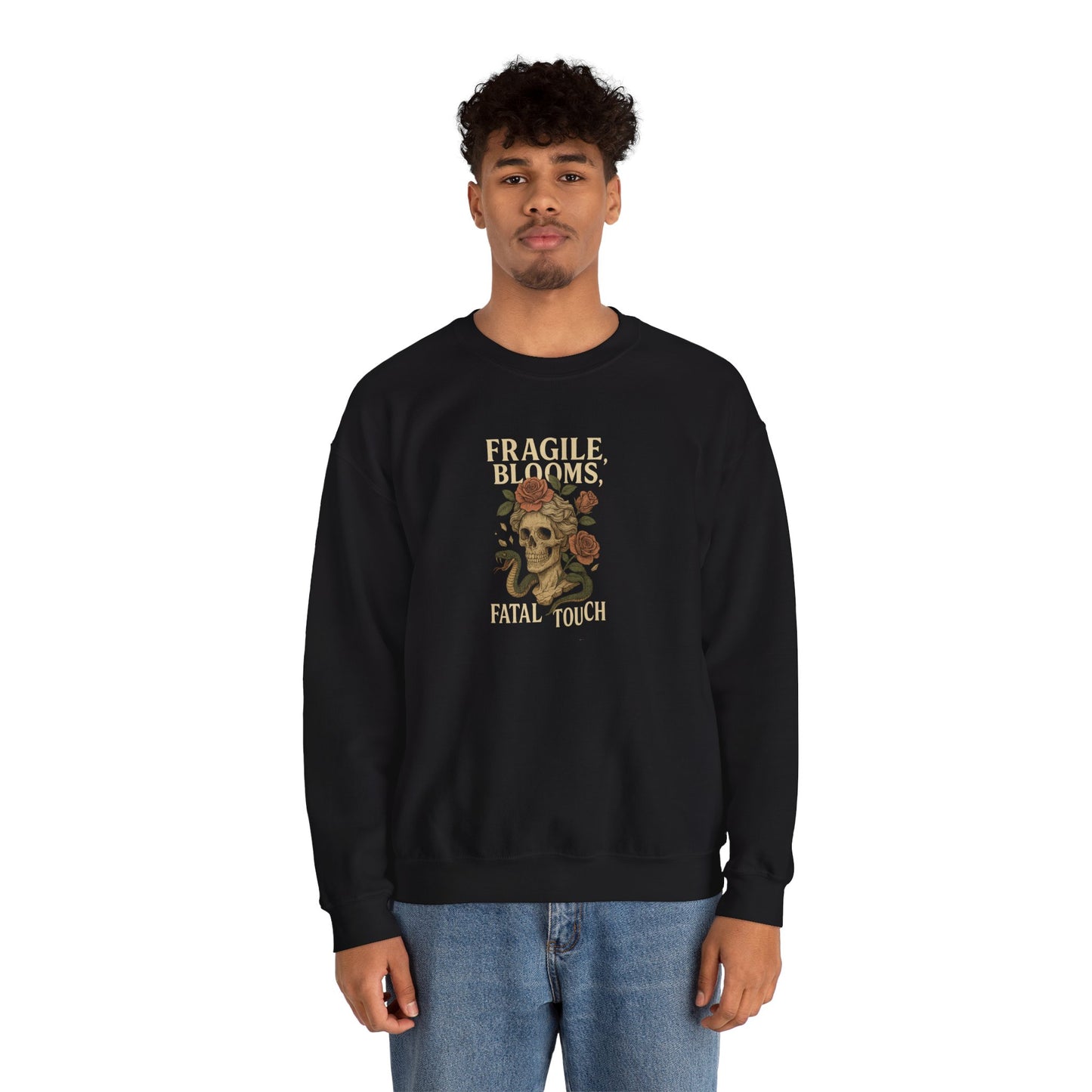 FRAGILE BLOOMS FATAL TOUCH Unisex Crewneck Sweatshirt – Heavy Blend Pullover for Casual Wear | Cozy Streetwear Gift for Her, Feminist Fashion Statement