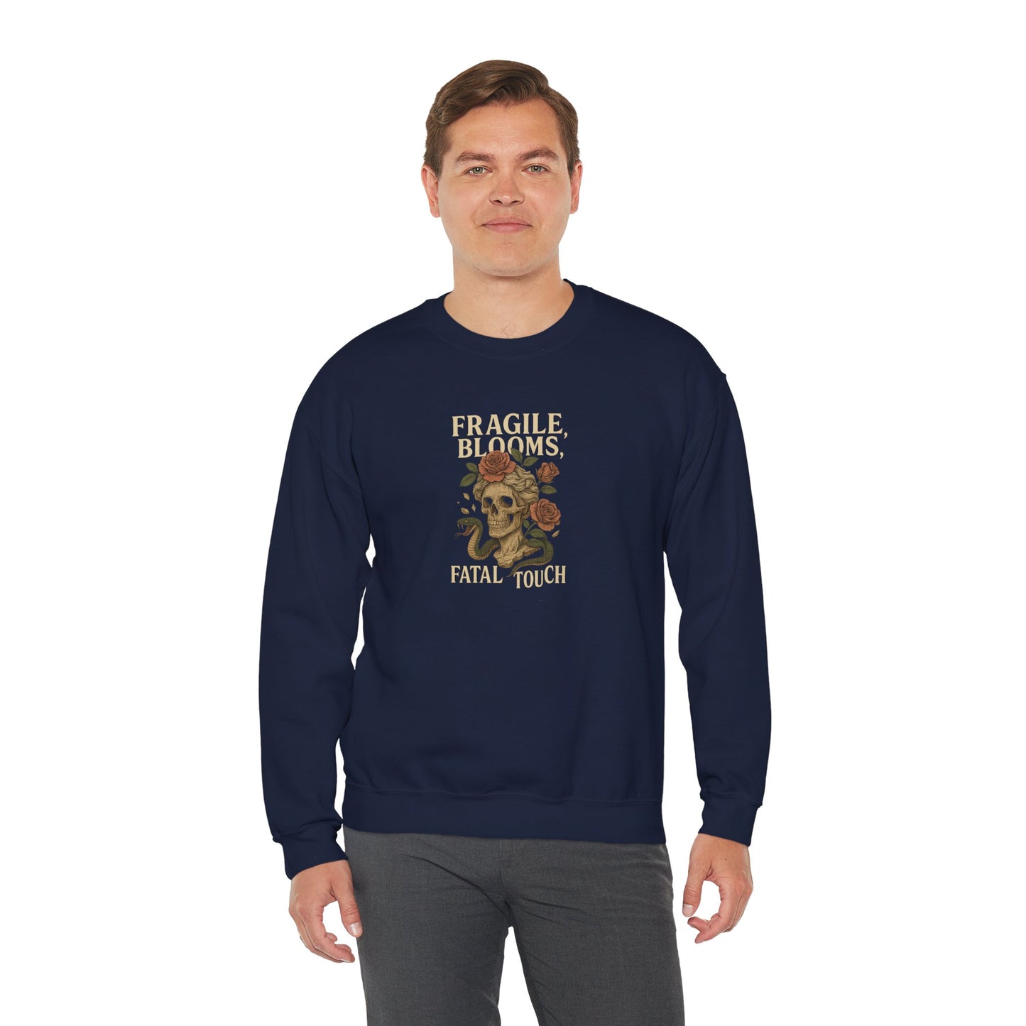 FRAGILE BLOOMS FATAL TOUCH Unisex Crewneck Sweatshirt – Heavy Blend Pullover for Casual Wear | Cozy Streetwear Gift for Her, Feminist Fashion Statement
