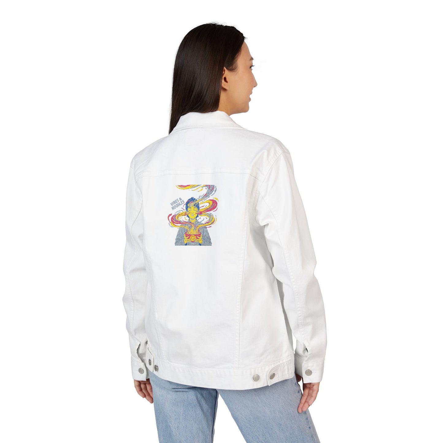 VIBES AND NOODLES Embroidered Unisex Denim Jacket | Trendy & Versatile Fashion Staple, Perfect for Casual Outings, Festivals, and Everyday Wear