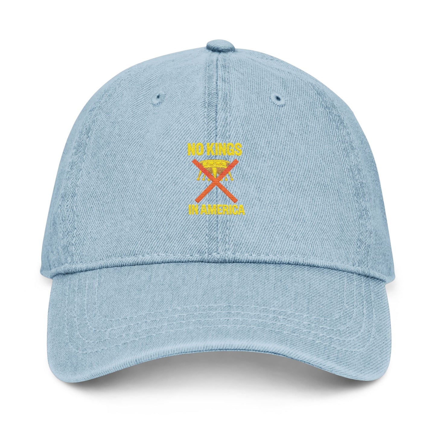 NO KINGS IN AMERICA Embroidered Denim Hat – Bold Statement Cap for Casual Style, Trendy Unisex Headwear, Fashion Accessory & Outdoor Gift Idea