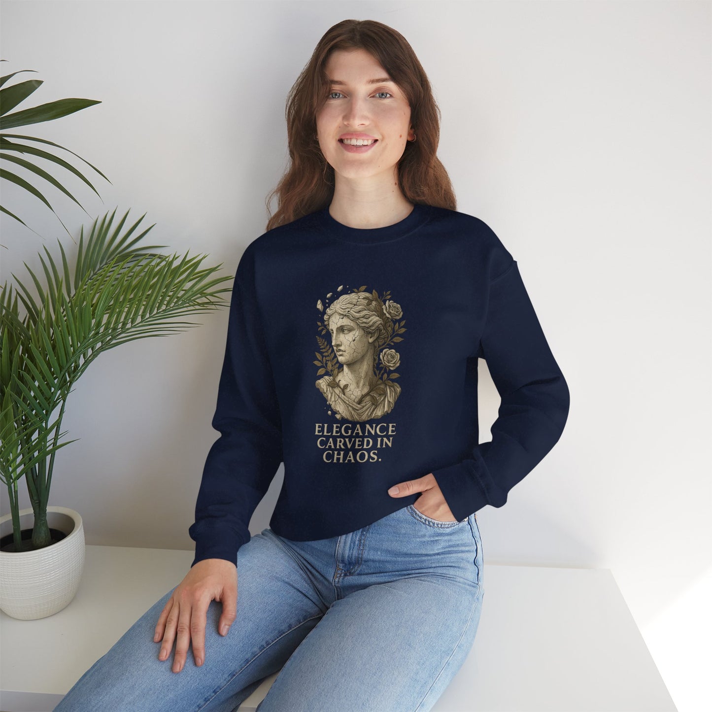 ELEGANCE CARVED IN CHAOS Unisex Crewneck Sweatshirt – Heavy Blend Pullover for Casual Wear | Cozy Streetwear Gift for Her, Feminist Fashion Statement
