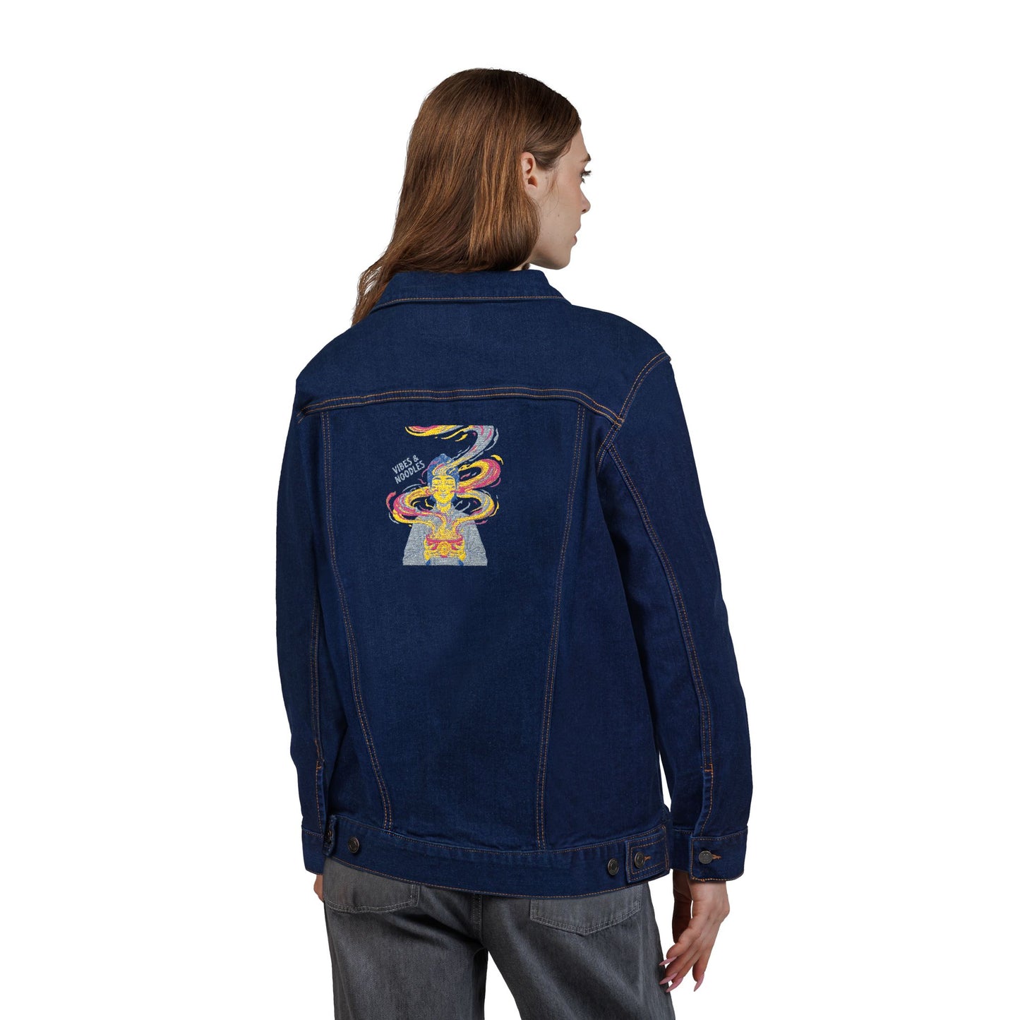 VIBES AND NOODLES Embroidered Unisex Denim Jacket | Trendy & Versatile Fashion Staple, Perfect for Casual Outings, Festivals, and Everyday Wear