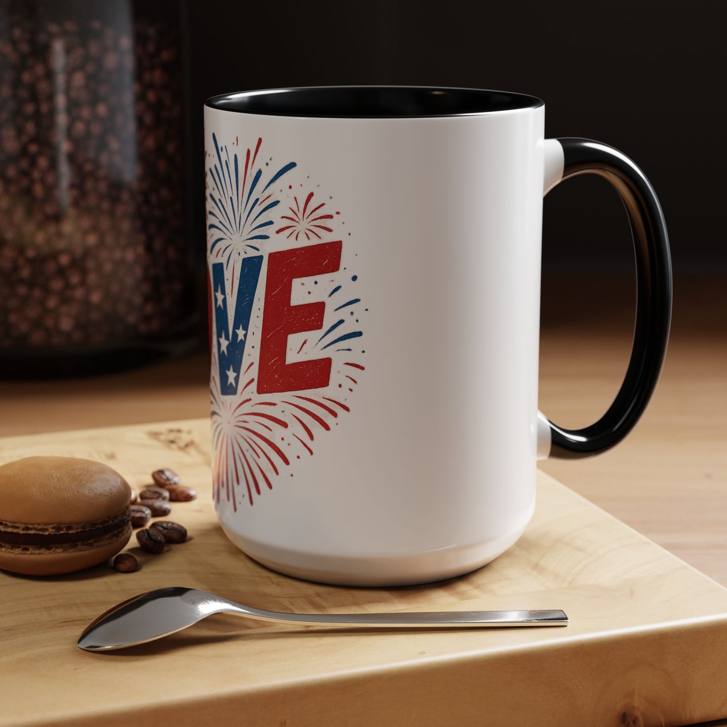 Patriotic Love Coffee Mug for Independence Day, Love Mug, Fireworks Gift, Holiday Drinkware, Celebration Cup