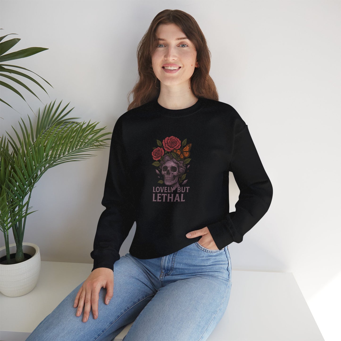 LOVELY BUT LETHAL Unisex Crewneck Sweatshirt – Heavy Blend Pullover for Casual Wear | Cozy Streetwear Gift for Her, Feminist Fashion Statement