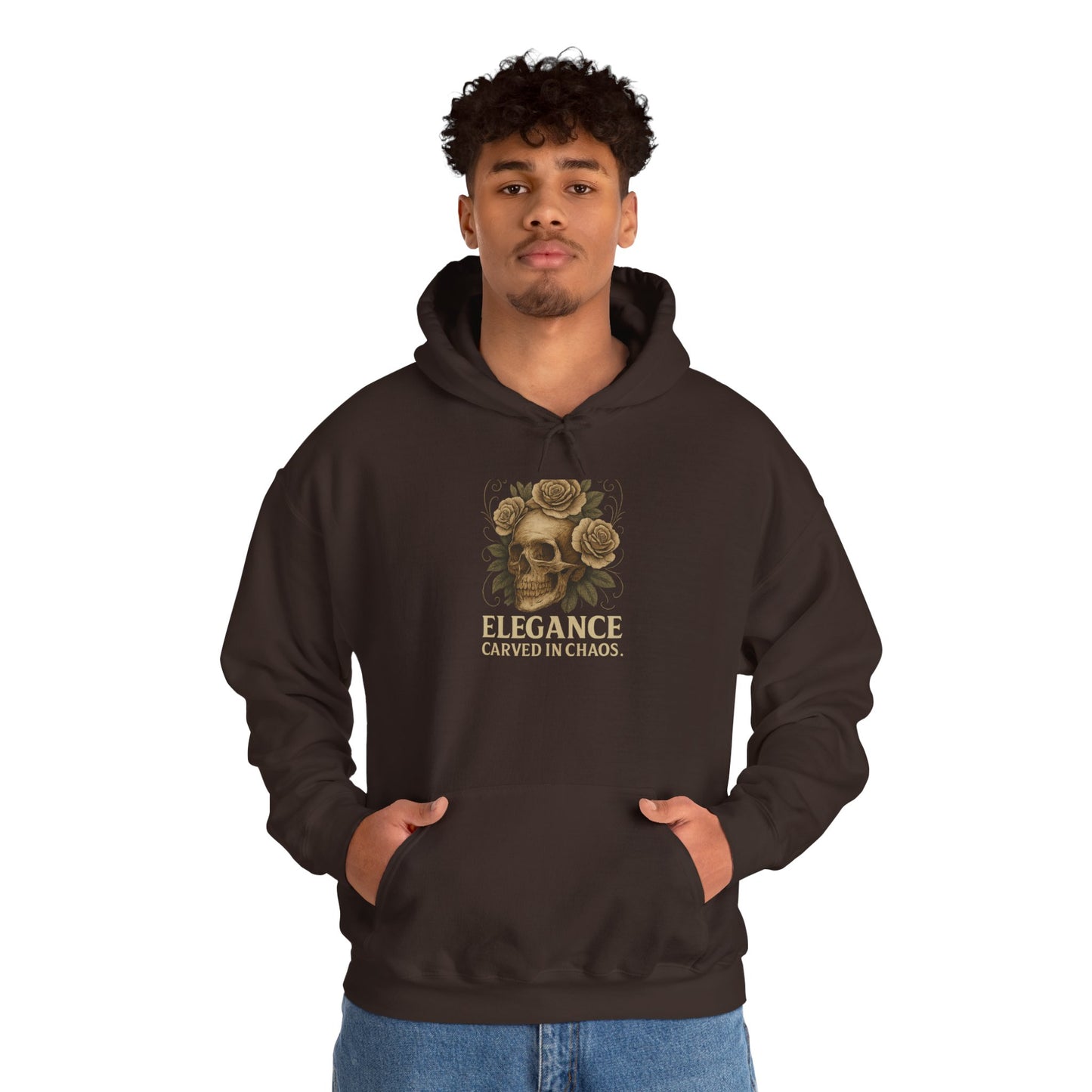 ELEGEANCE CARVED IN CHAOS Graphic Hoodie – Unisex Pullover Sweatshirt for Nature Lovers | Cozy Streetwear for Spring, Casual Wear & Eco-Friendly Gifts