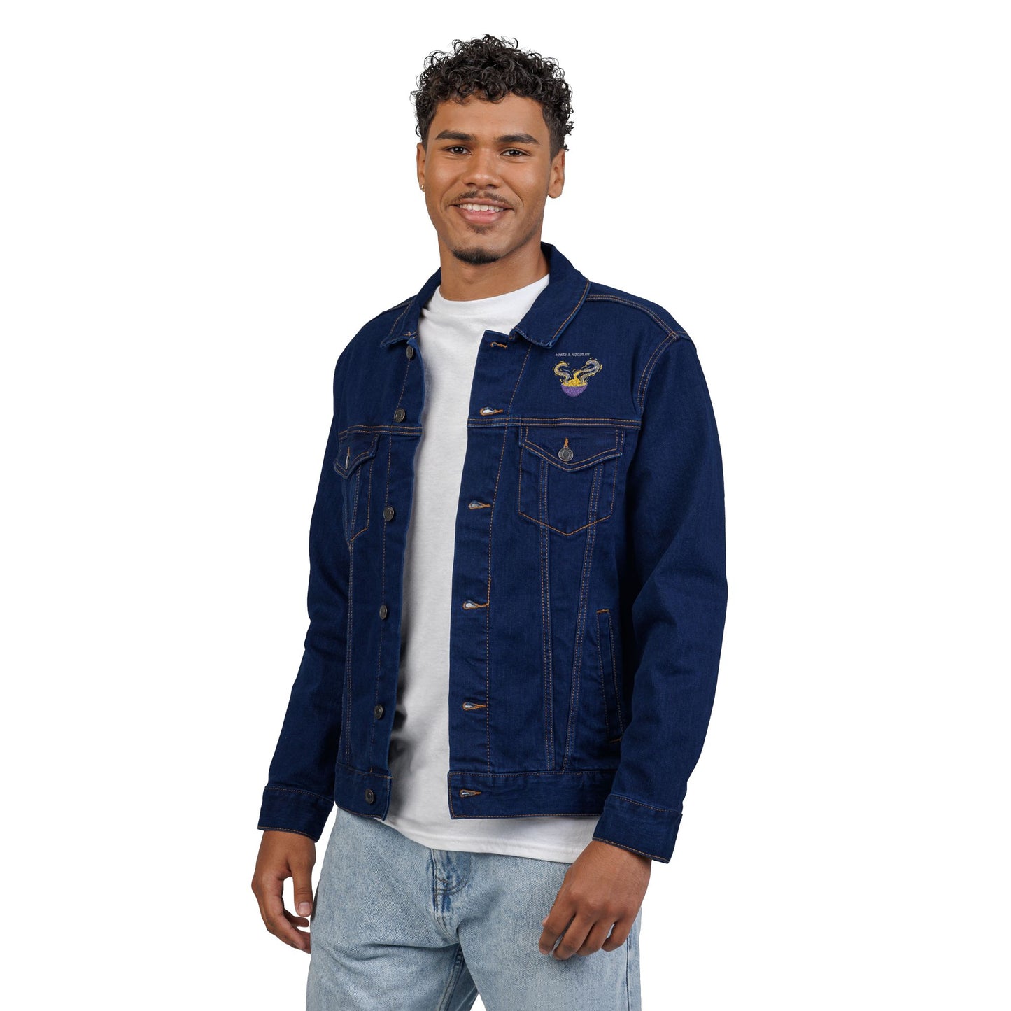 VIBES AND NOODLES Embroidered Unisex Denim Jacket | Trendy & Versatile Fashion Staple, Perfect for Casual Outings, Festivals, and Everyday Wear
