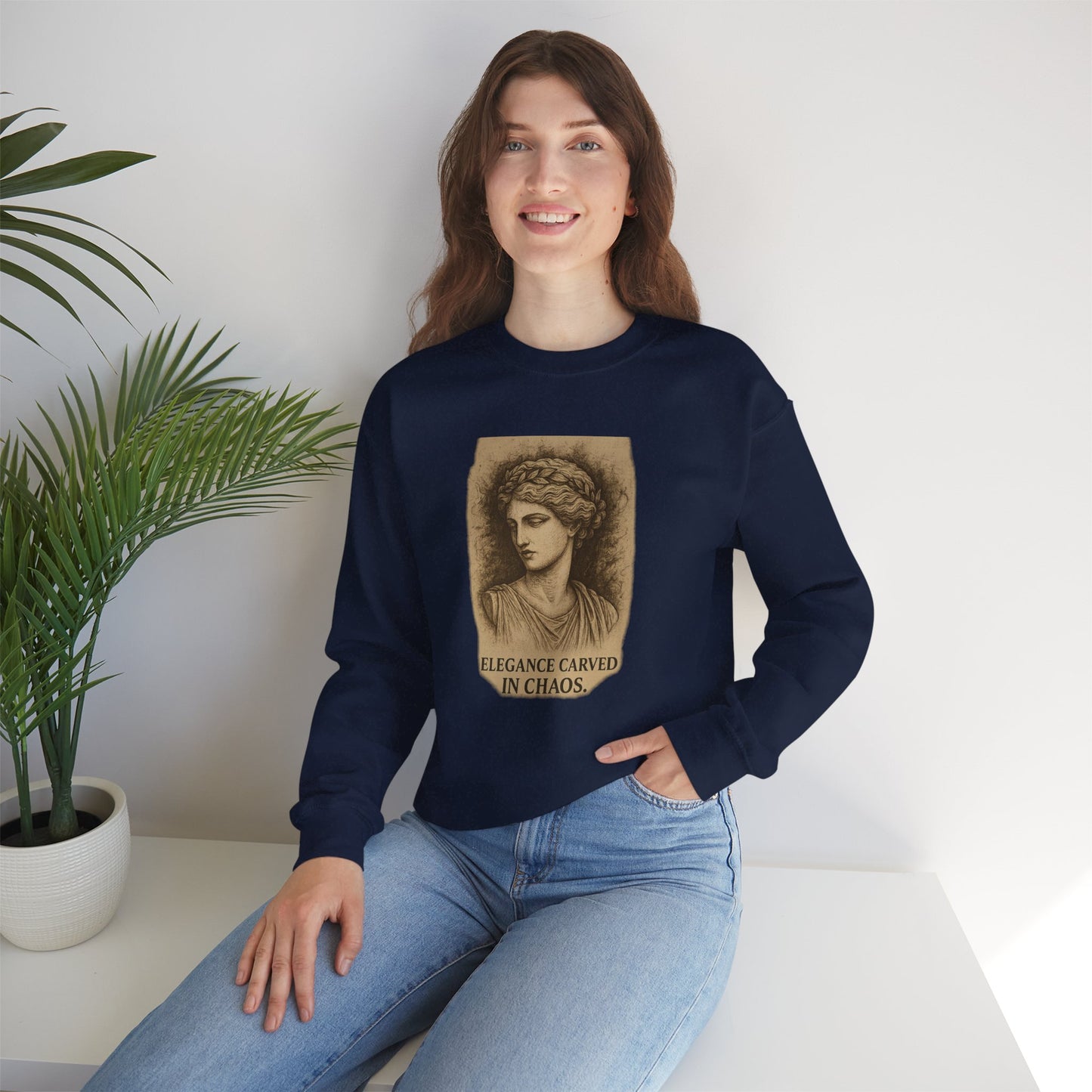ELEGANCE CARVED IN CHAOS Unisex Crewneck Sweatshirt – Heavy Blend Pullover for Casual Wear | Cozy Streetwear Gift for Her, Feminist Fashion Statement