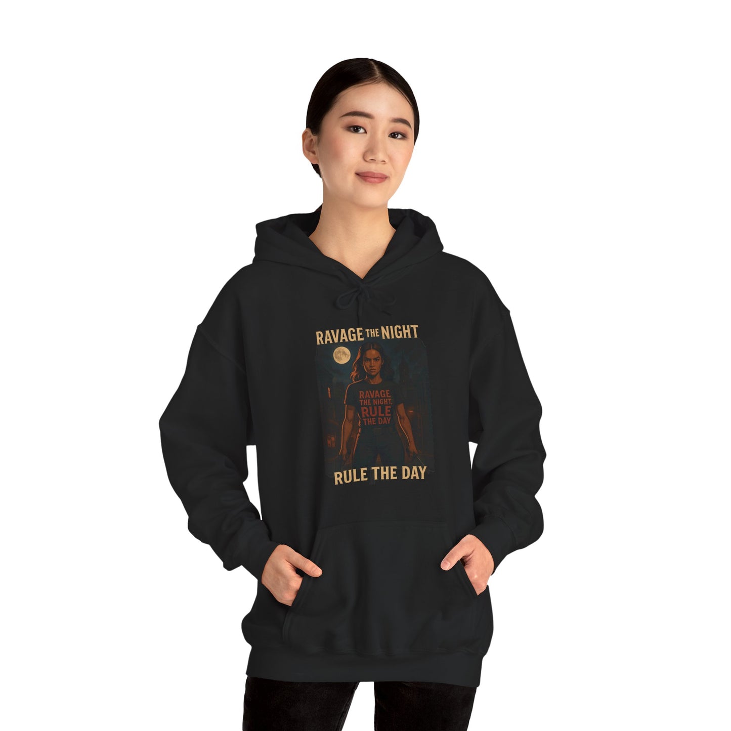 RAVAGE THE NIGHT RULE THE DAY Hoodie – Urban Adventure Graphic Sweatshirt, Cool Unisex Streetwear, Casual Wear, Unique Gifthion