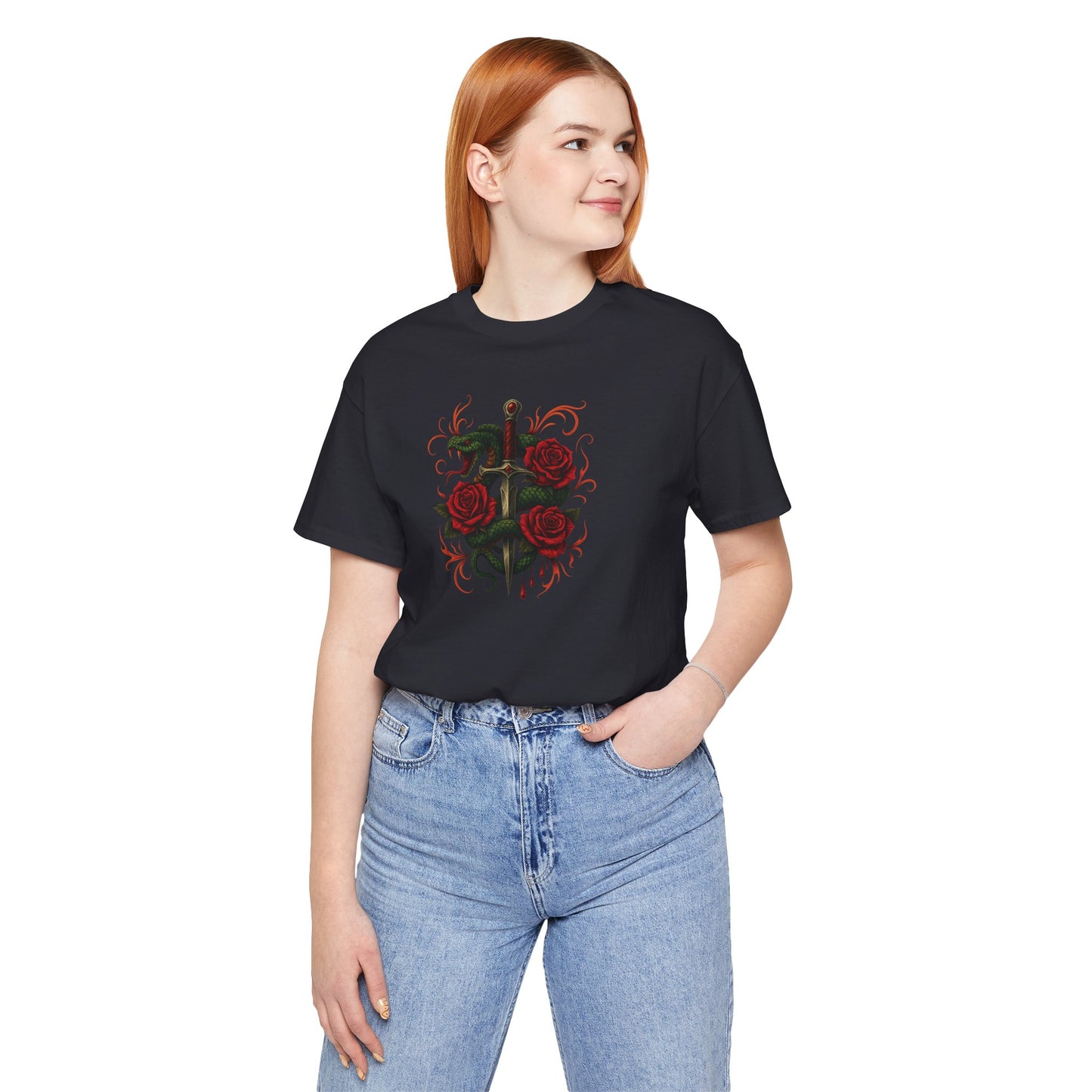 Edgy Rose Design Tee, Casual Wear, Gift for Music Lovers, Streetwear, Graphic Shirt, Vintage Style
