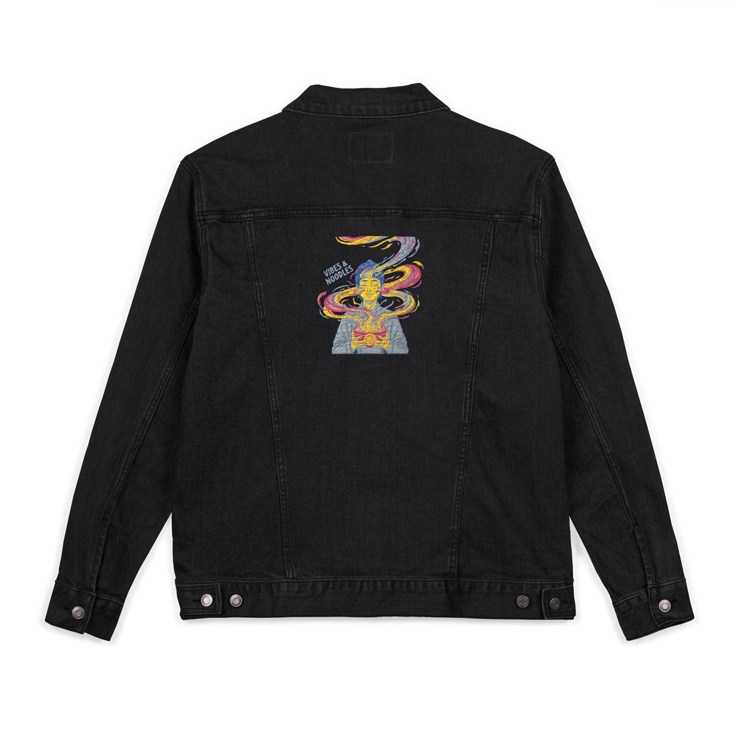 VIBES AND NOODLES Embroidered Unisex Denim Jacket | Trendy & Versatile Fashion Staple, Perfect for Casual Outings, Festivals, and Everyday Wear
