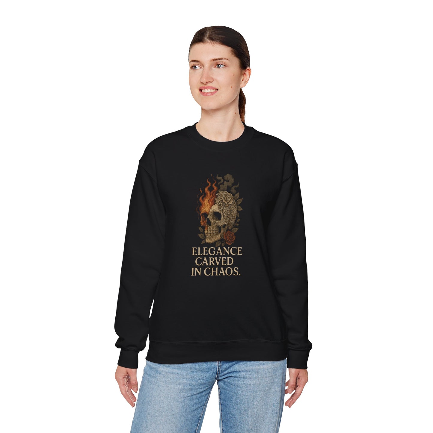 ELEGANCE CARVED IN CHAOS Unisex Crewneck Sweatshirt – Heavy Blend Pullover for Casual Wear | Cozy Streetwear Gift for Her, Feminist Fashion Statement