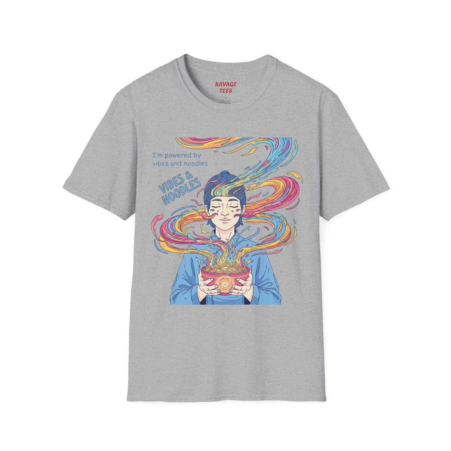 Vibes and Noodles Graphic Tee – Unisex Softstyle T-Shirt, Fun Quirky Apparel, Gift for Food Lovers, Casual Everyday Wear