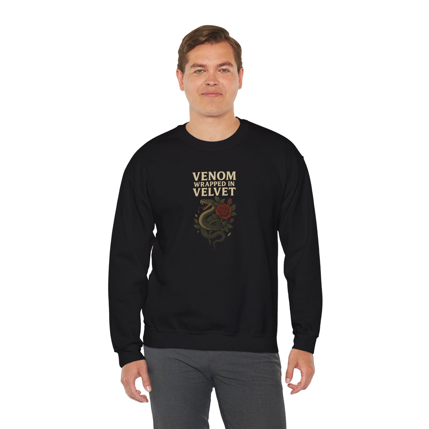 VENOM WRAPPED IN VELVET Unisex Crewneck Sweatshirt – Heavy Blend Pullover for Casual Wear | Cozy Streetwear Gift for Her, Feminist Fashion Statement