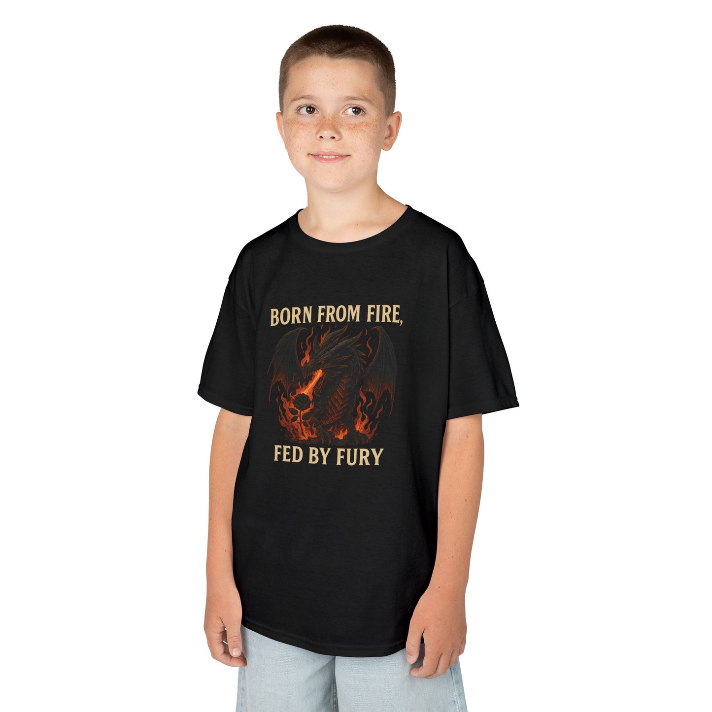 Unisex Fierce Spirit Kids Tee | Born from Fire, Fed by Fury | Cool Graphic Youth Shirt | Bold Kids Apparel | Gift for Boys and girls