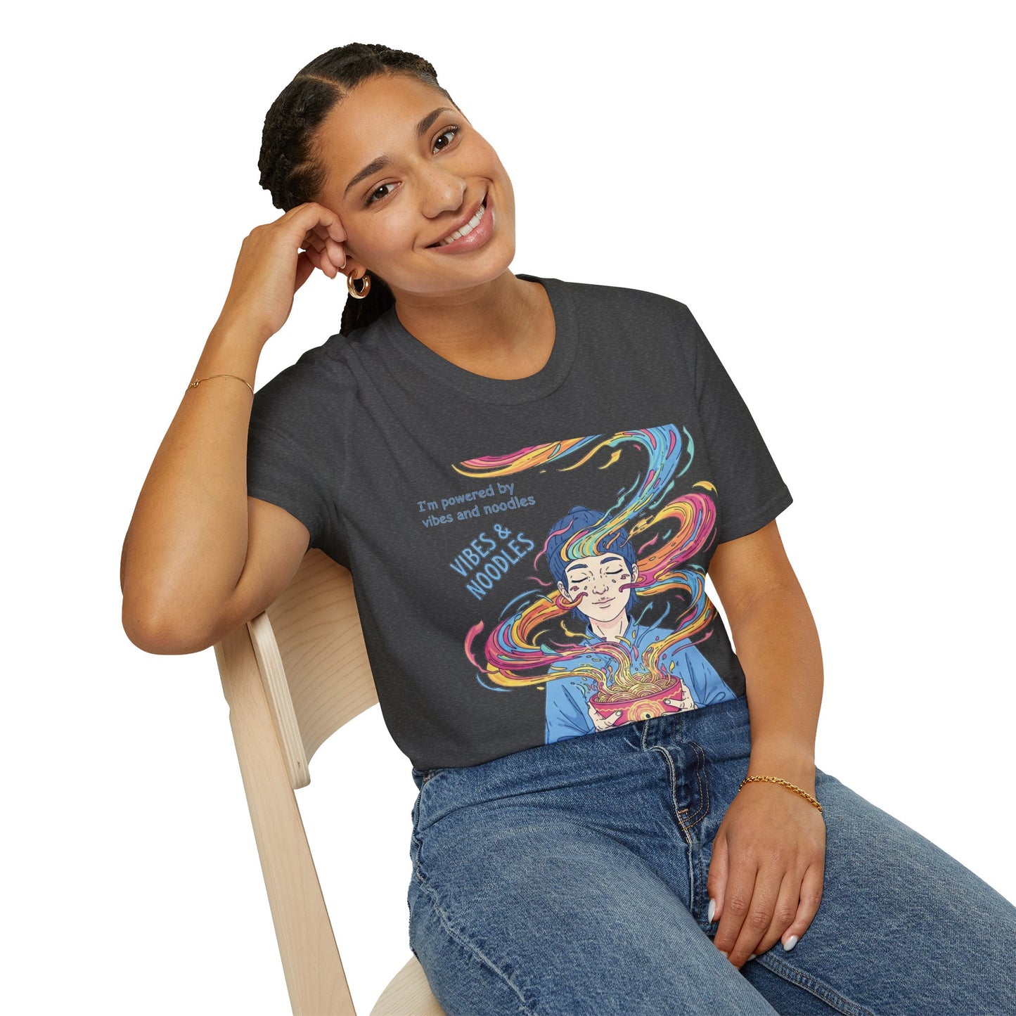 Vibes and Noodles Graphic Tee – Unisex Softstyle T-Shirt, Fun Quirky Apparel, Gift for Food Lovers, Casual Everyday Wear