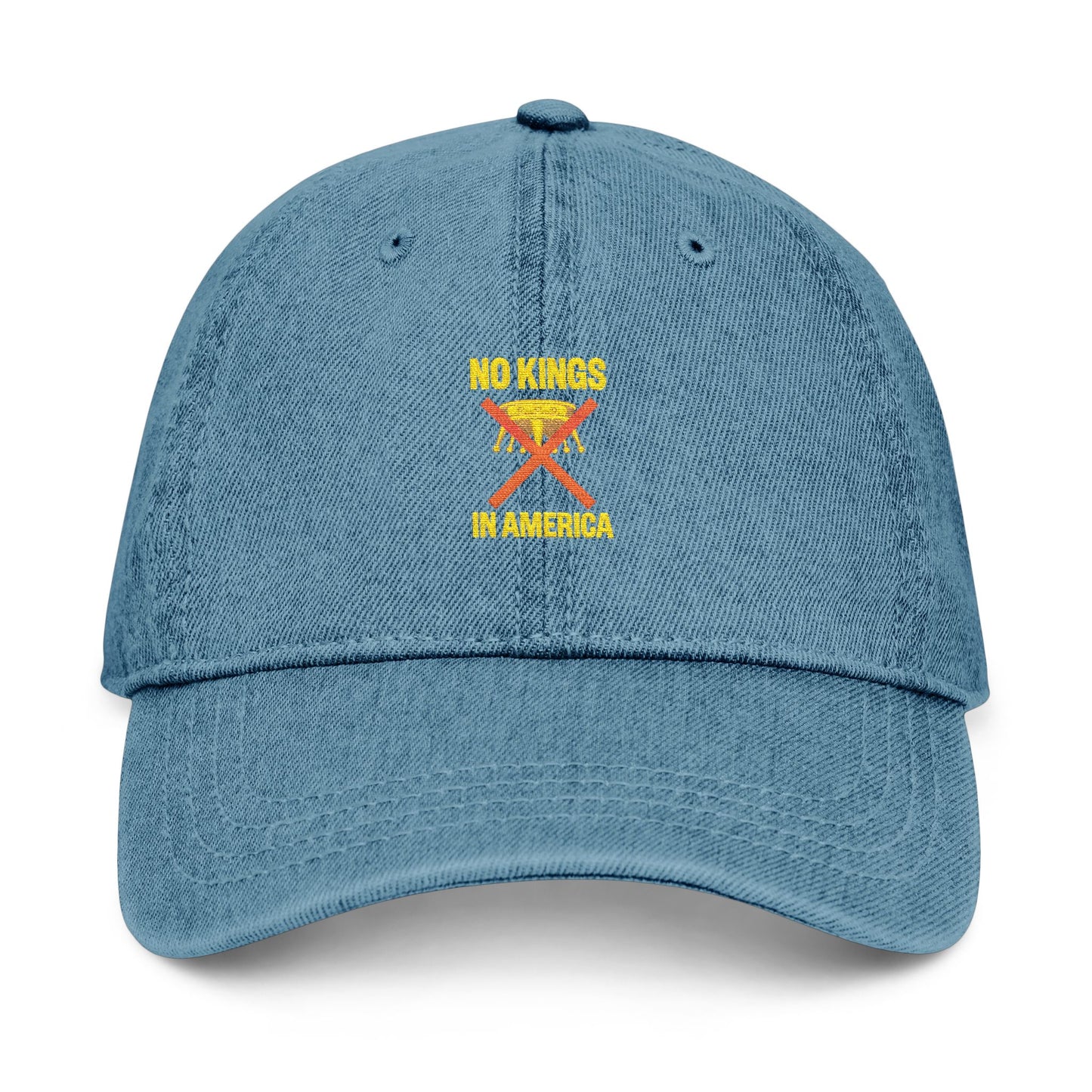 NO KINGS IN AMERICA Embroidered Denim Hat – Bold Statement Cap for Casual Style, Trendy Unisex Headwear, Fashion Accessory & Outdoor Gift Idea