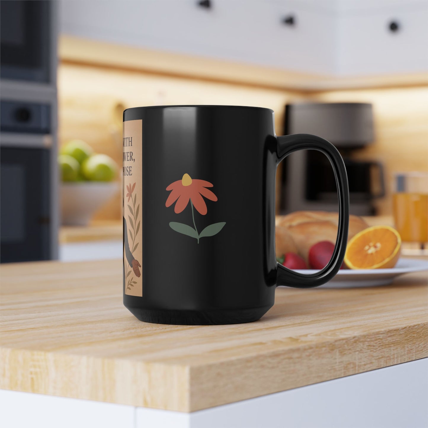 Empowering Black Mug, 15oz | I Align with Peace, Power, Purpose | Inspirational Gift, Motivational Coffee Cup, Woman's Day