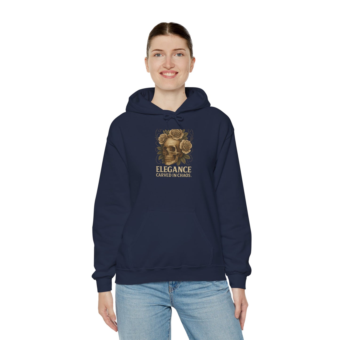 ELEGEANCE CARVED IN CHAOS Graphic Hoodie – Unisex Pullover Sweatshirt for Nature Lovers | Cozy Streetwear for Spring, Casual Wear & Eco-Friendly Gifts