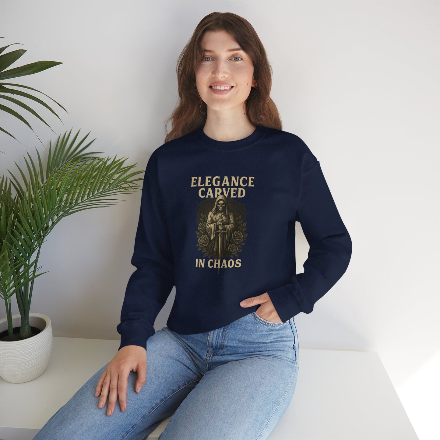 ELEGANCE CARVED IN CHAOS Unisex Crewneck Sweatshirt – Heavy Blend Pullover for Casual Wear | Cozy Streetwear Gift for Her, Feminist Fashion Statement