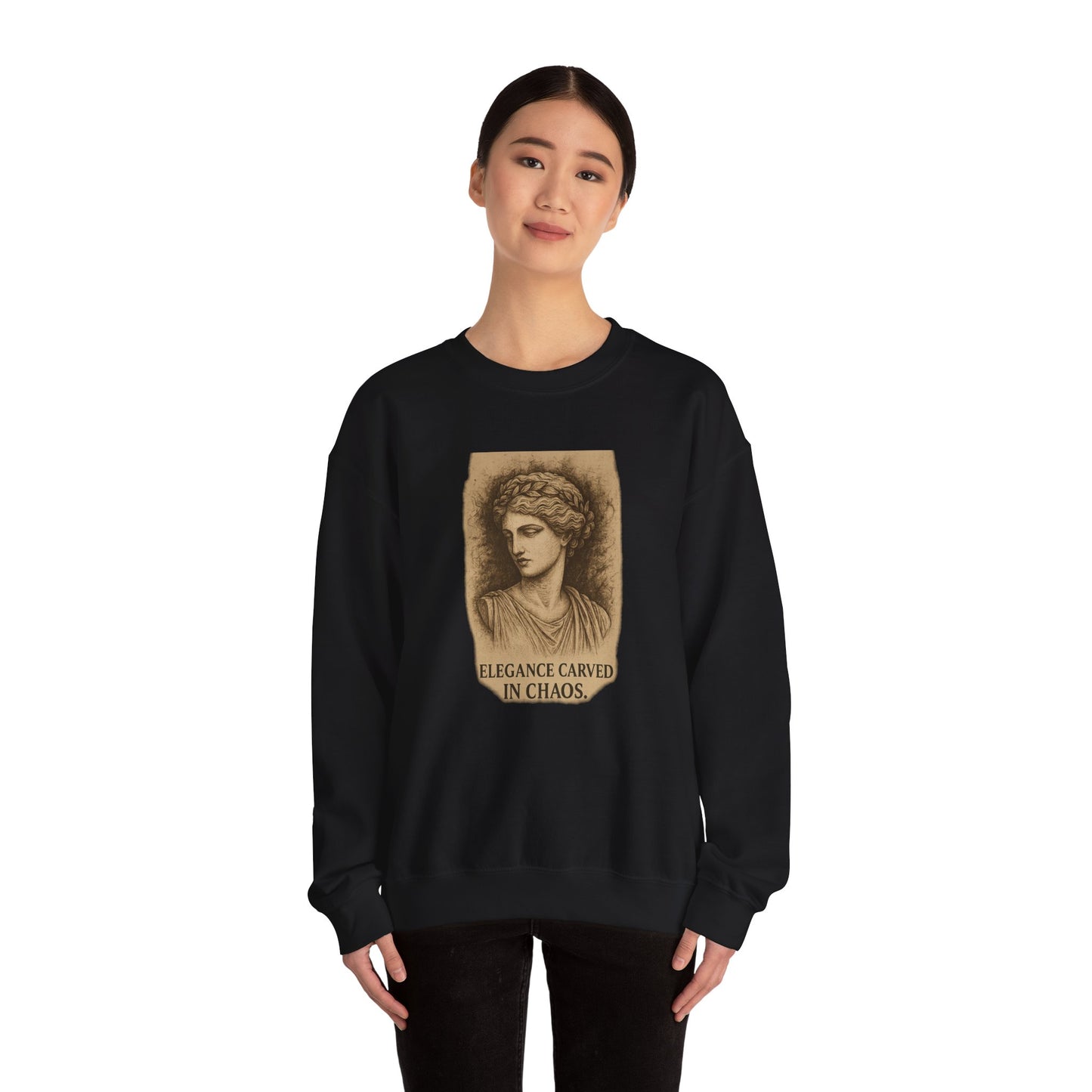 ELEGANCE CARVED IN CHAOS Unisex Crewneck Sweatshirt – Heavy Blend Pullover for Casual Wear | Cozy Streetwear Gift for Her, Feminist Fashion Statement