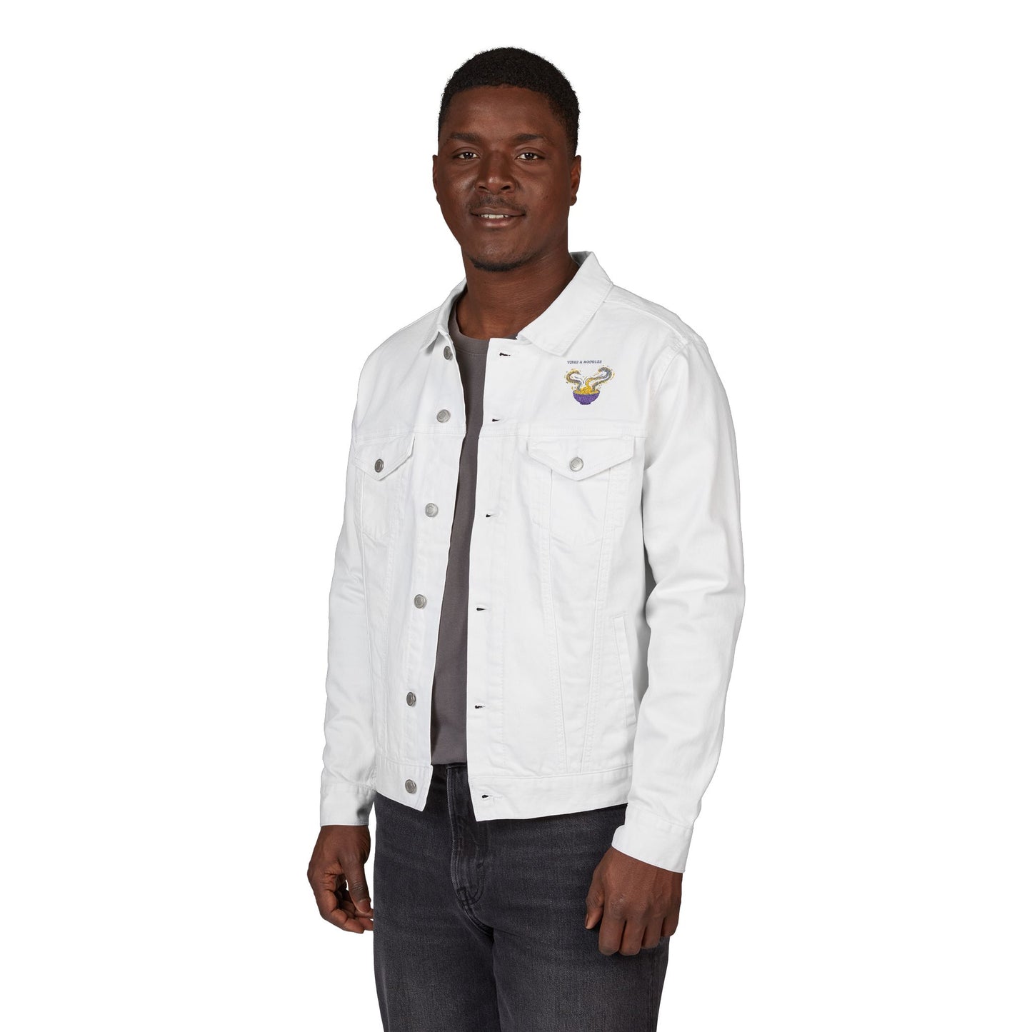 VIBES AND NOODLES Embroidered Unisex Denim Jacket | Trendy & Versatile Fashion Staple, Perfect for Casual Outings, Festivals, and Everyday Wear