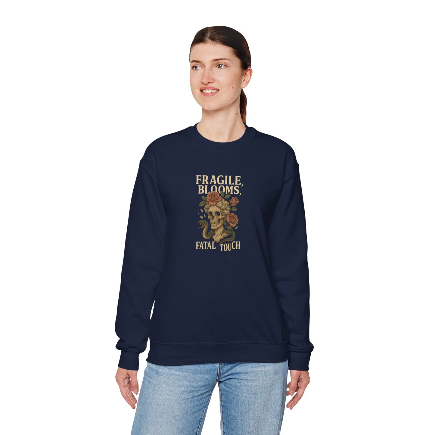 FRAGILE BLOOMS FATAL TOUCH Unisex Crewneck Sweatshirt – Heavy Blend Pullover for Casual Wear | Cozy Streetwear Gift for Her, Feminist Fashion Statement