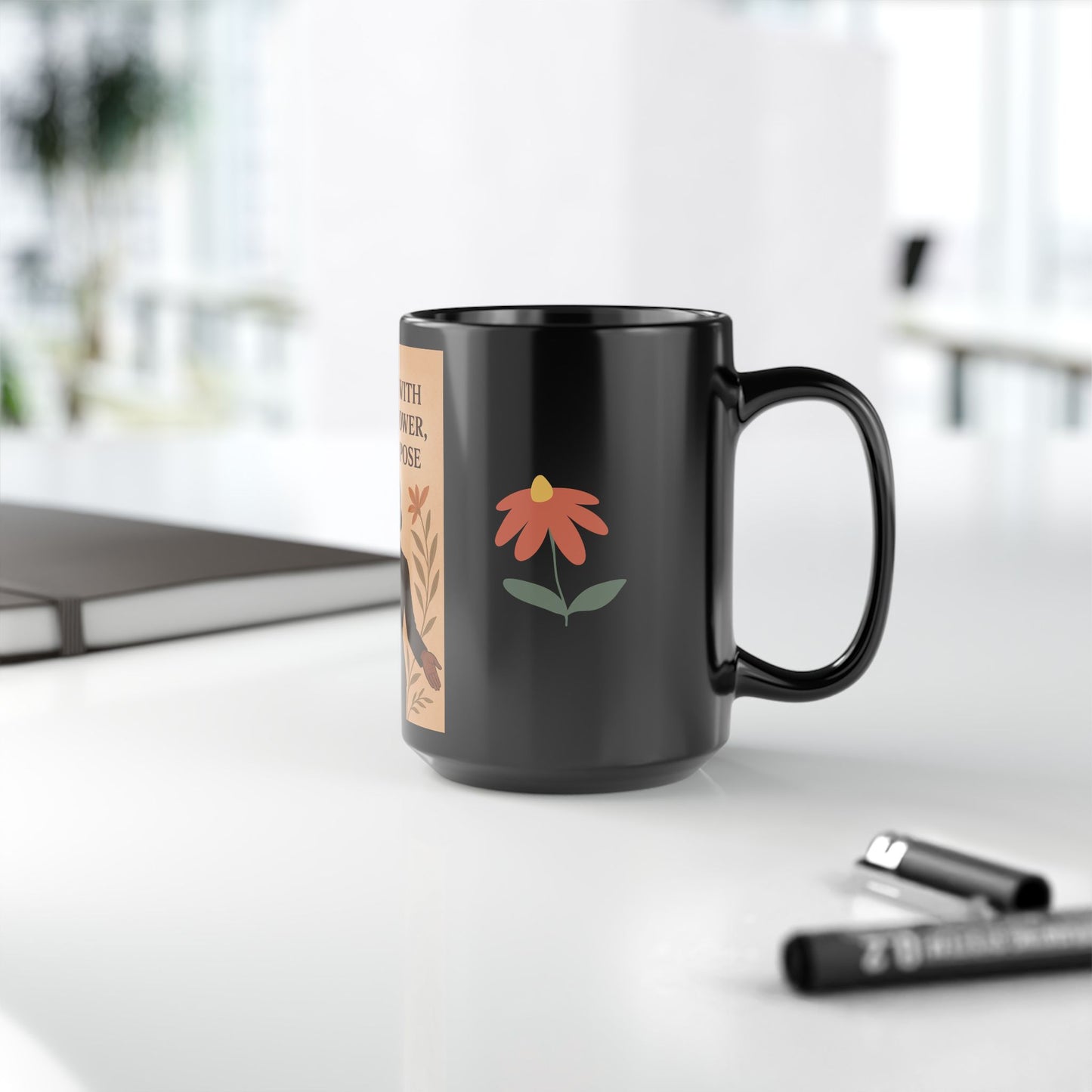 Empowering Black Mug, 15oz | I Align with Peace, Power, Purpose | Inspirational Gift, Motivational Coffee Cup, Woman's Day