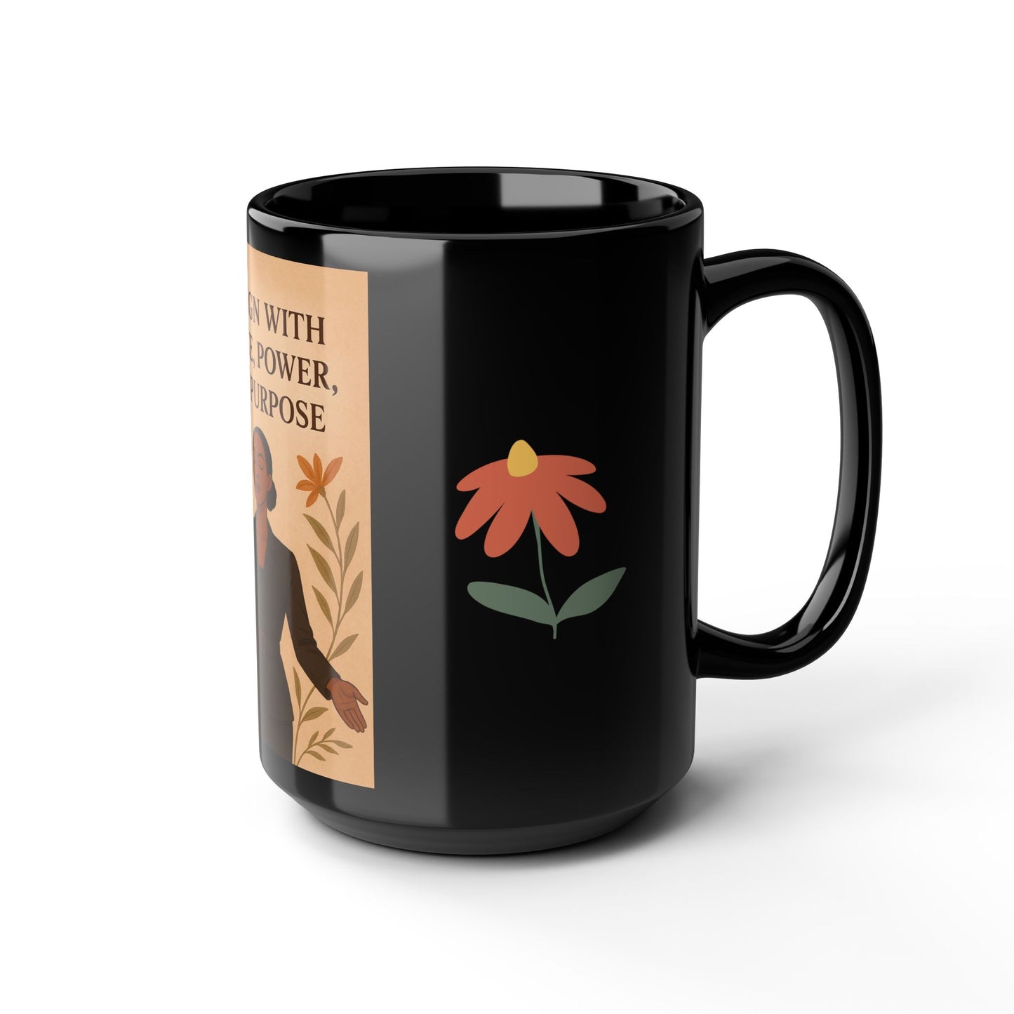 Empowering Black Mug, 15oz | I Align with Peace, Power, Purpose | Inspirational Gift, Motivational Coffee Cup, Woman's Day