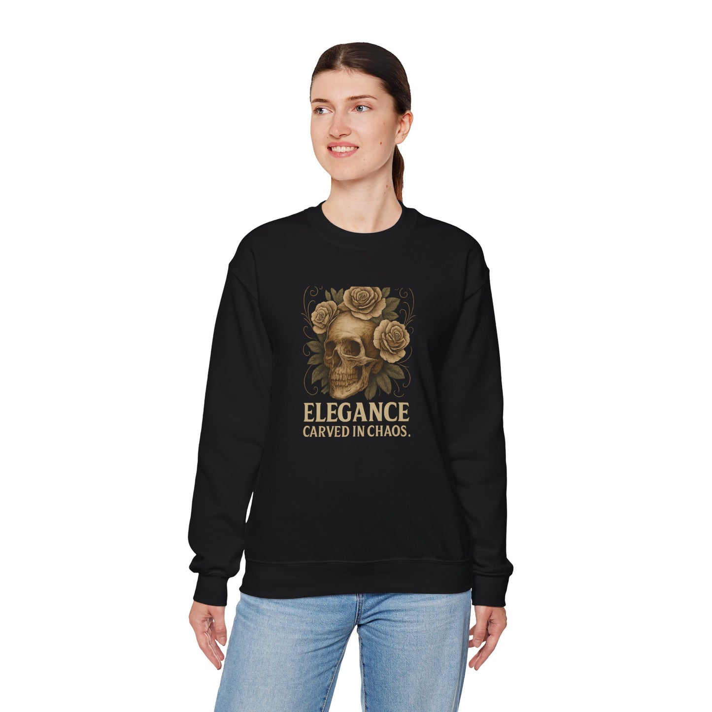 ELEGANCE CARVED IN CHAOS Unisex Crewneck Sweatshirt – Heavy Blend Pullover for Casual Wear | Cozy Streetwear Gift for Her, Feminist Fashion Statement