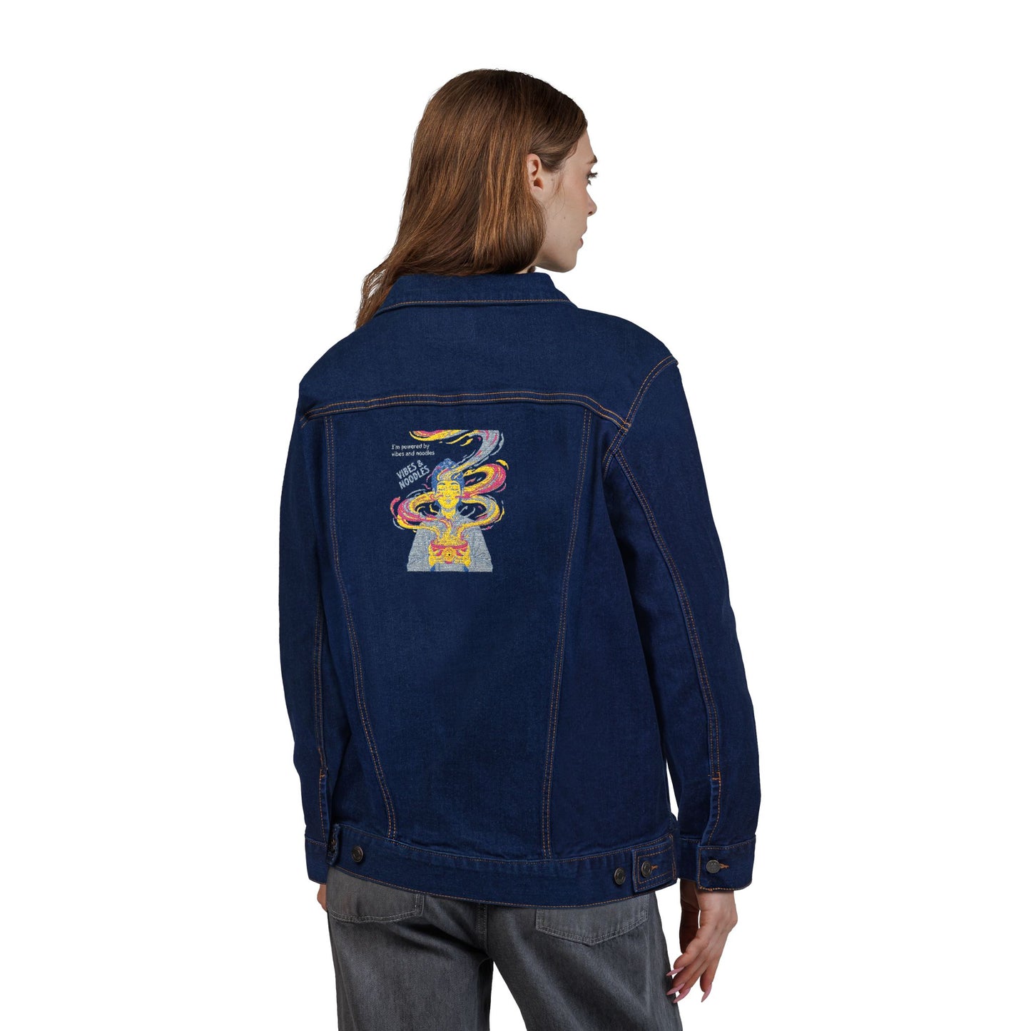 Embroidered Vibes & Noodles Unisex Denim Jacket by Ravage Tees | Premium Streetwear Fashion
