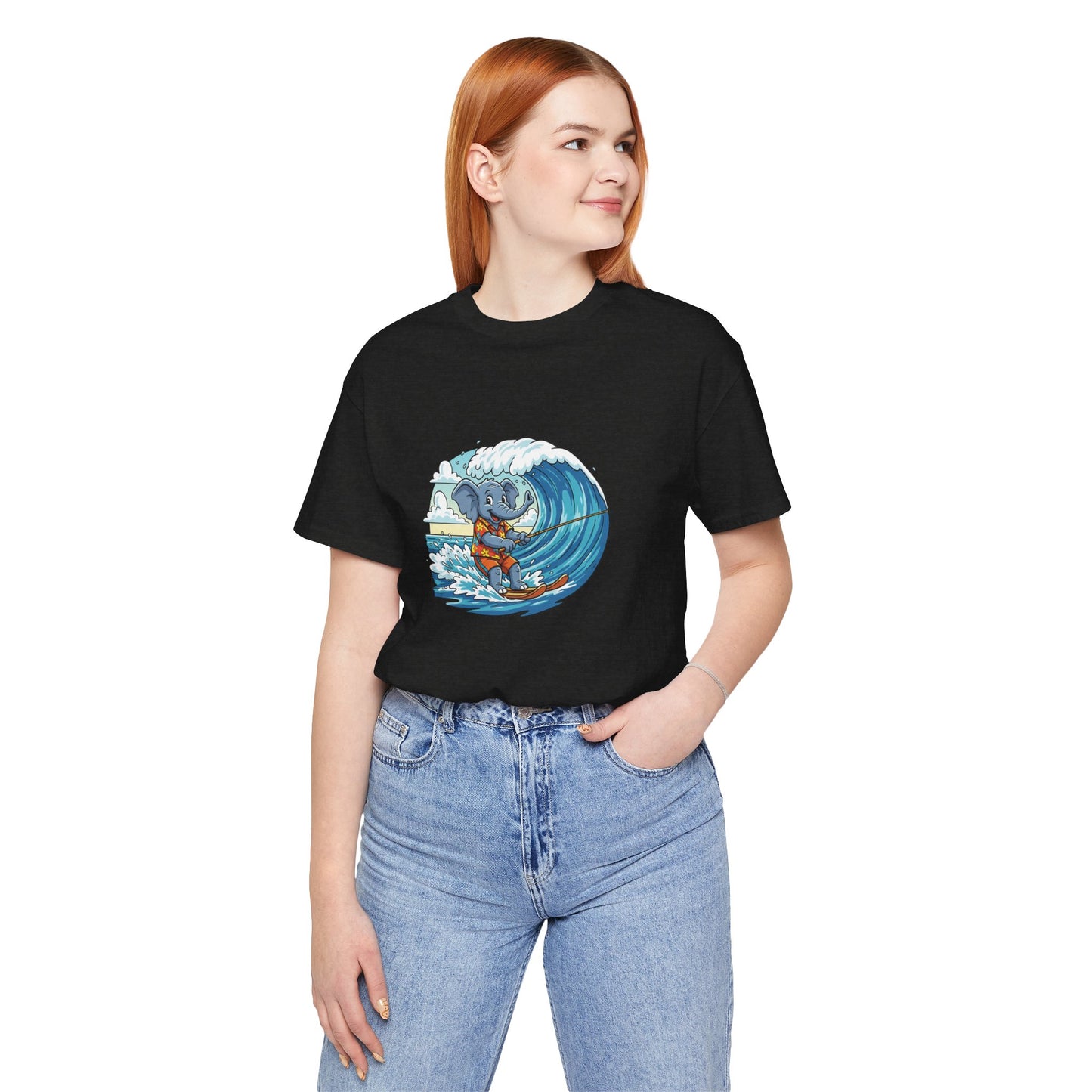 Surfing Elephant Unisex Tee, Beachwear, Cute Animal Shirt, Summer Vibe Tee, Gift for Nature Lovers, Casual Everyday Wear