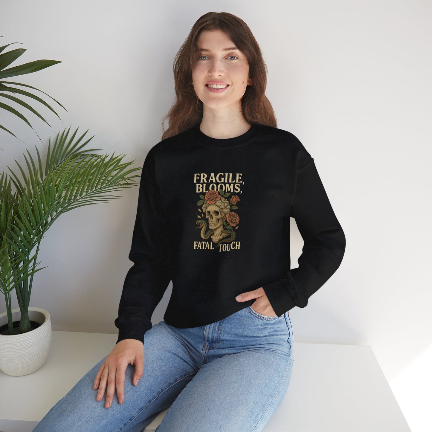 FRAGILE BLOOMS FATAL TOUCH Unisex Crewneck Sweatshirt – Heavy Blend Pullover for Casual Wear | Cozy Streetwear Gift for Her, Feminist Fashion Statement