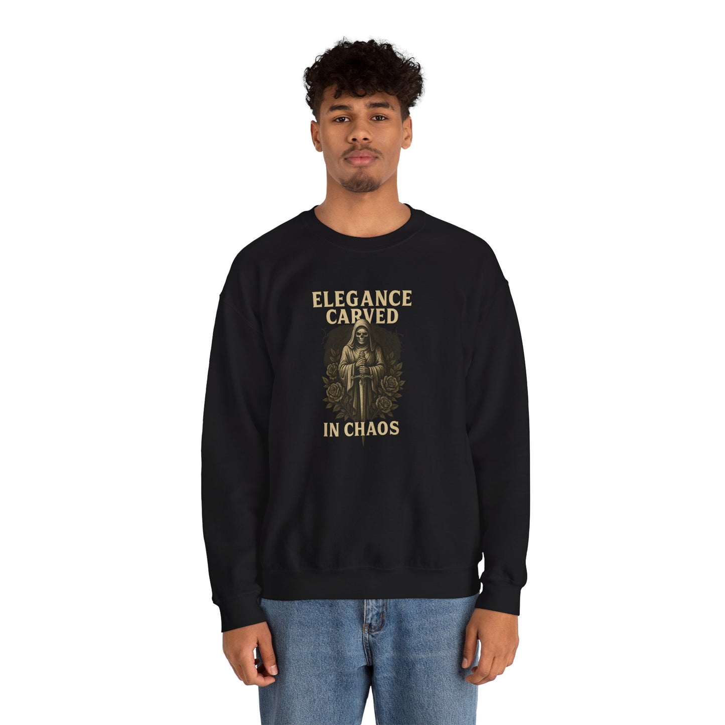 ELEGANCE CARVED IN CHAOS Unisex Crewneck Sweatshirt – Heavy Blend Pullover for Casual Wear | Cozy Streetwear Gift for Her, Feminist Fashion Statement