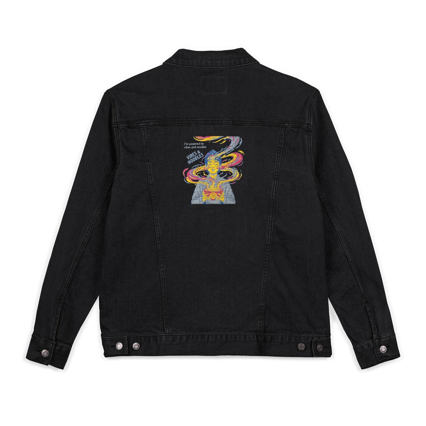 Embroidered Vibes & Noodles Unisex Denim Jacket by Ravage Tees | Premium Streetwear Fashion