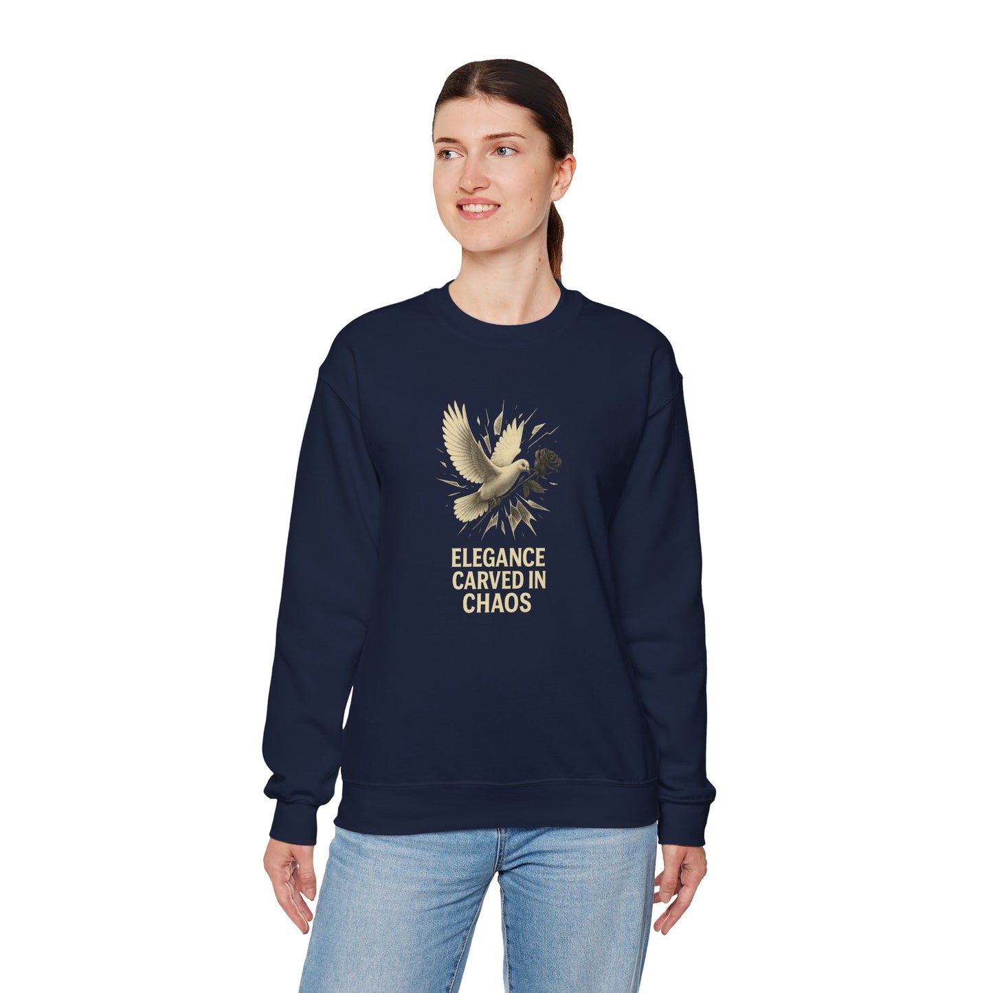 ELEGANCE CARVED IN CHAOS Unisex Crewneck Sweatshirt – Heavy Blend Pullover for Casual Wear | Cozy Streetwear Gift for Her, Feminist Fashion Statement