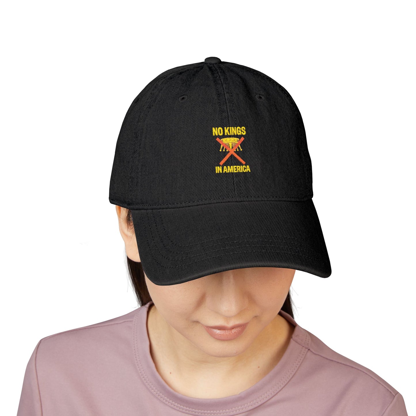 NO KINGS IN AMERICA Embroidered Denim Hat – Bold Statement Cap for Casual Style, Trendy Unisex Headwear, Fashion Accessory & Outdoor Gift Idea