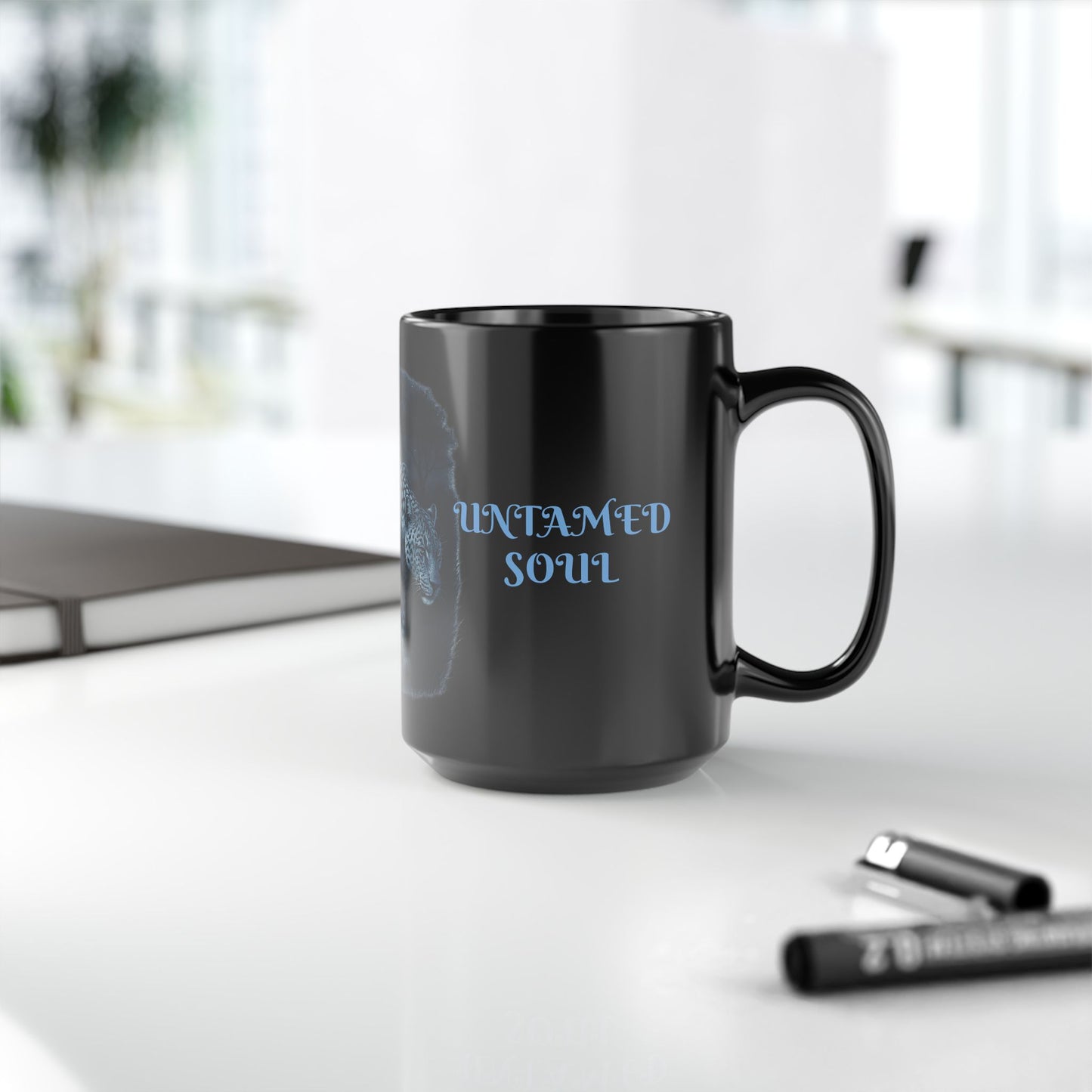 RAVAGE SPIRIT UNTAMED SOUL Black Mug with Leopard Design, Ideal for Animal Lovers, Great for Coffee, Tea, Gifts, Home Decor, Wildlife Enthusiasts