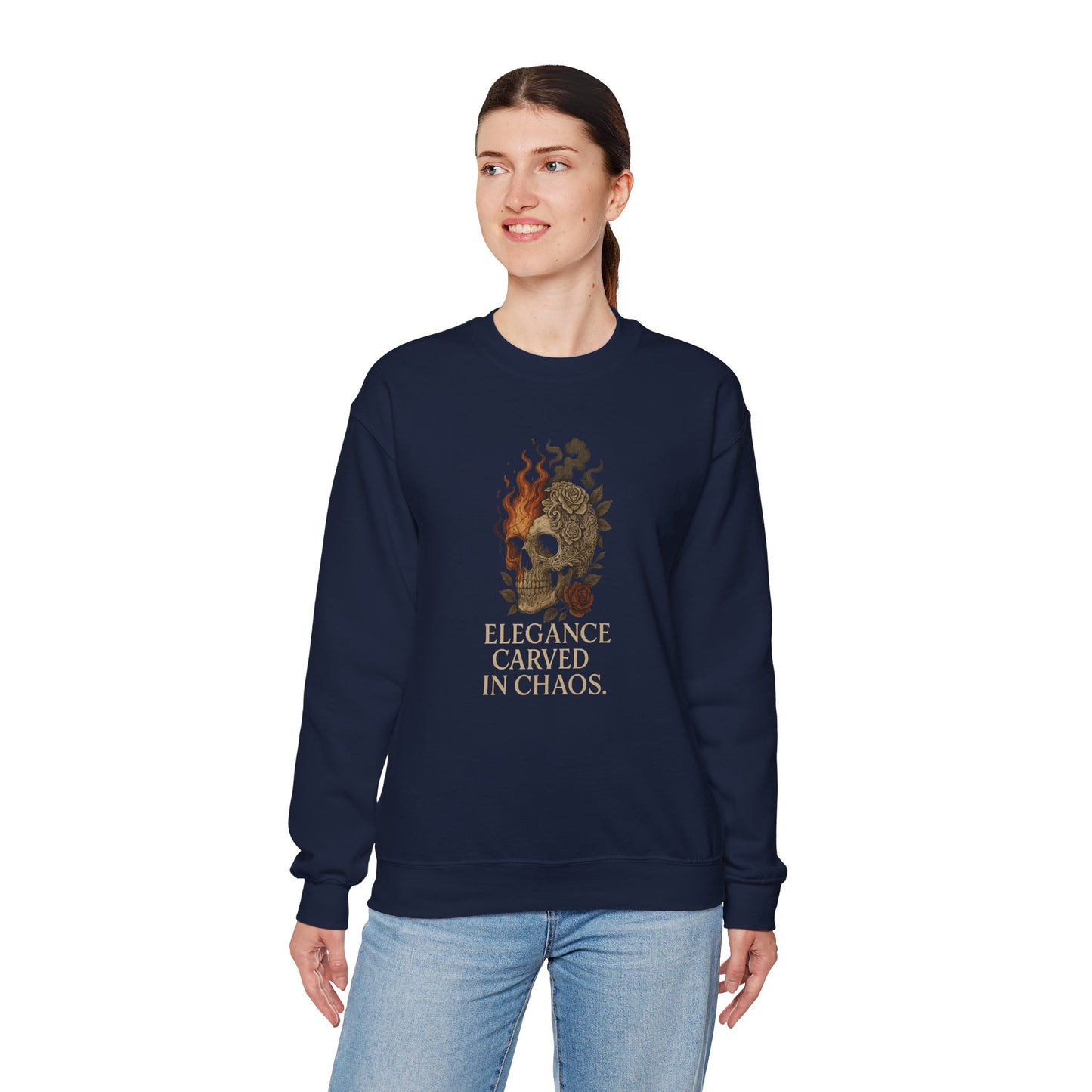 ELEGANCE CARVED IN CHAOS Unisex Crewneck Sweatshirt – Heavy Blend Pullover for Casual Wear | Cozy Streetwear Gift for Her, Feminist Fashion Statement