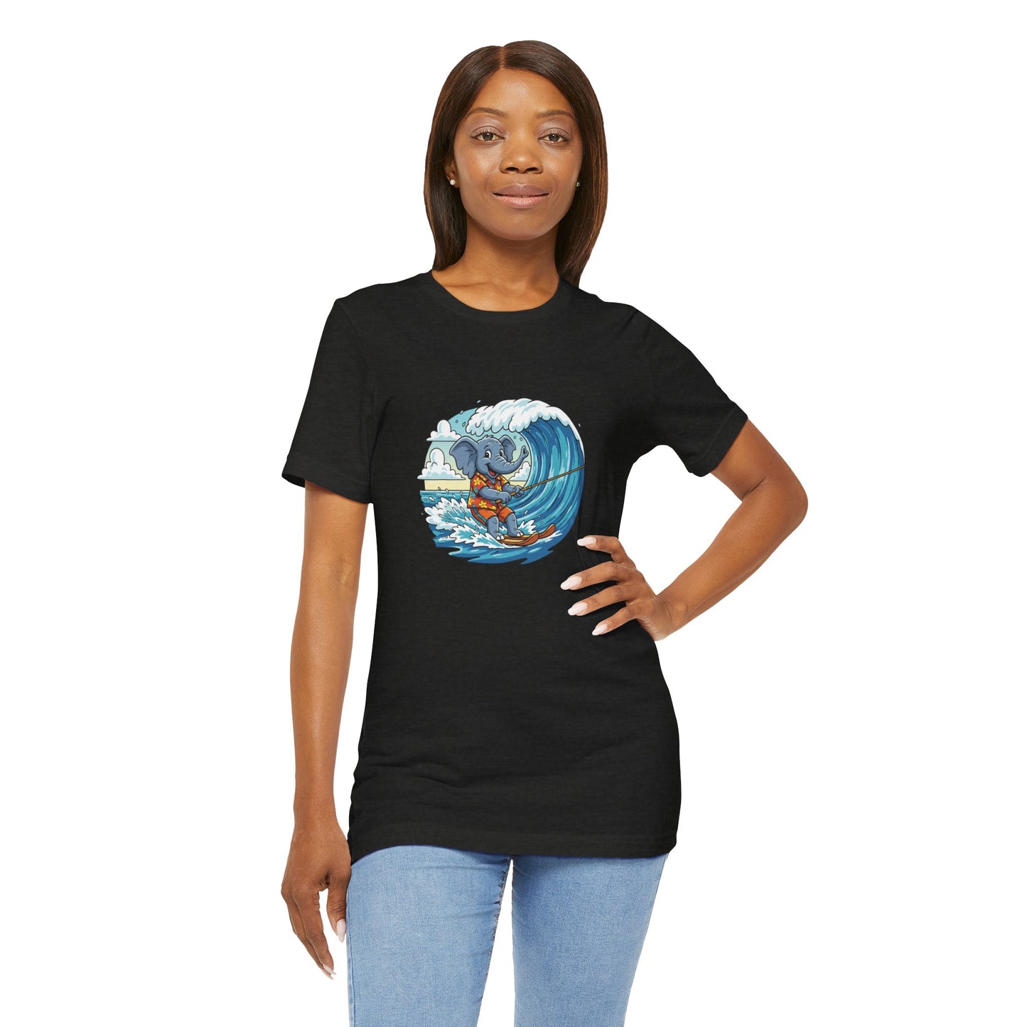 Surfing Elephant Unisex Tee, Beachwear, Cute Animal Shirt, Summer Vibe Tee, Gift for Nature Lovers, Casual Everyday Wear